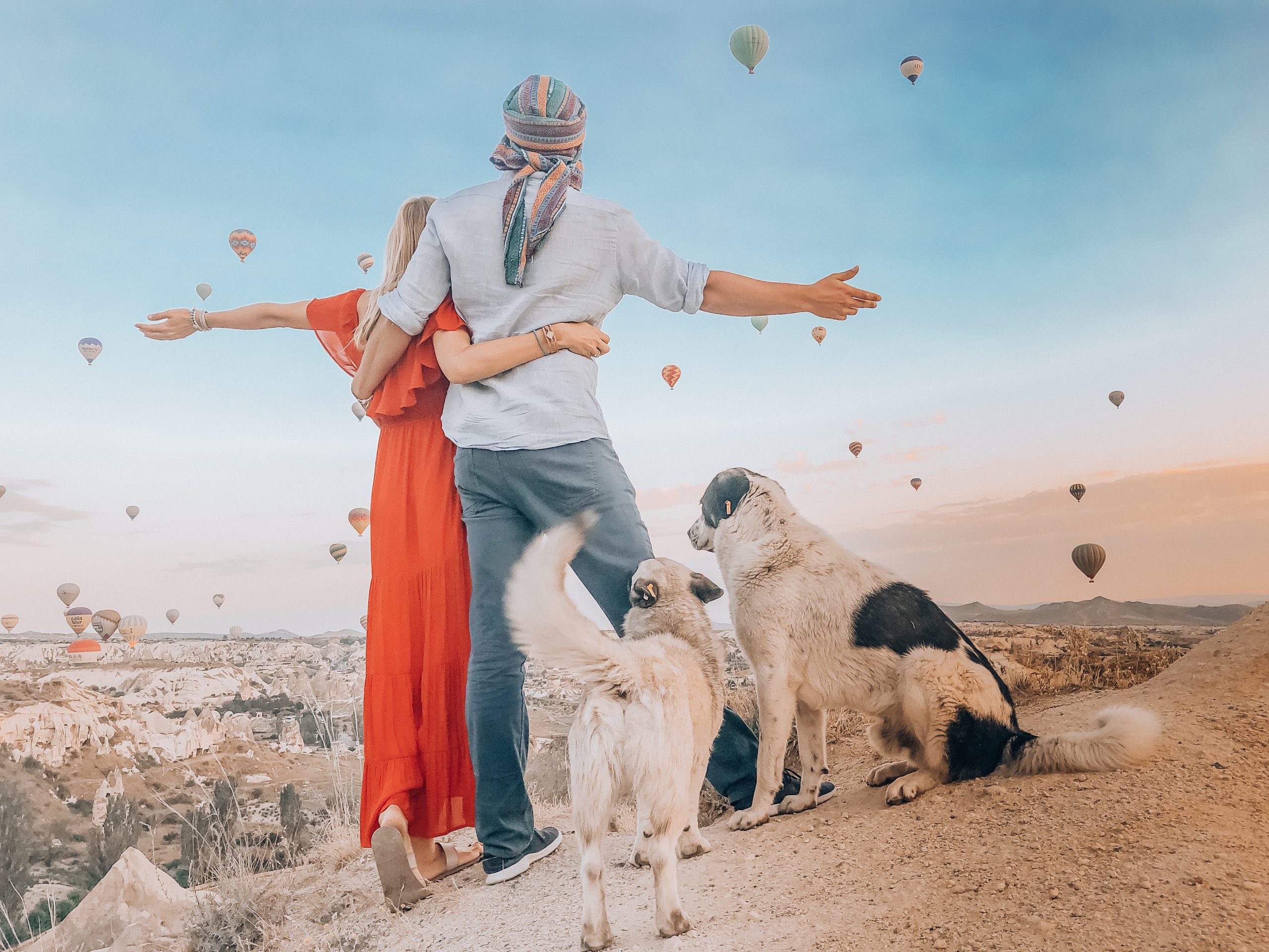 Two people and their dogs watch hot air balloons fly